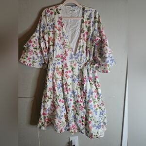 Calvin Klein Floral Wrap Mini Dress - White with Pink & Blue